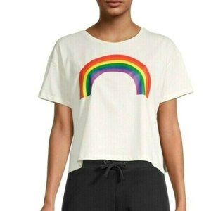 French Connection Size L Rainbow Pride Cropped Short Sleeve Tee Summer White